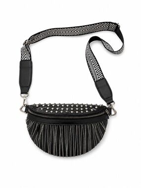 Black Fringe Crossbody Bag with Studded Detail